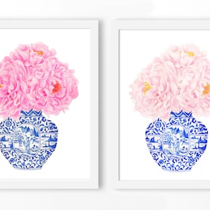 Jarrón de China azul y blanco ARCHIVO DIGITAL, impresión chinoiserie, arte mural de peonía rosa, impresión de peonía rosa, arte de tendencia ahora, artículos de tendencia, arte mural