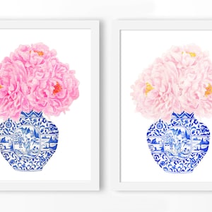 Blue and White China Vase DIGITAL FILE, chinoiserie print, pink peony wall art, pink peony print, trending now art, trending items, wall art image 1