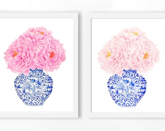 Blue and White China Vase DIGITAL FILE, chinoiserie print, pink peony wall art, pink peony print, trending now art, trending items, wall art