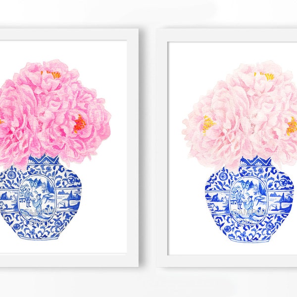 Jarrón de China azul y blanco ARCHIVO DIGITAL, impresión chinoiserie, arte mural de peonía rosa, impresión de peonía rosa, arte de tendencia ahora, artículos de tendencia, arte mural