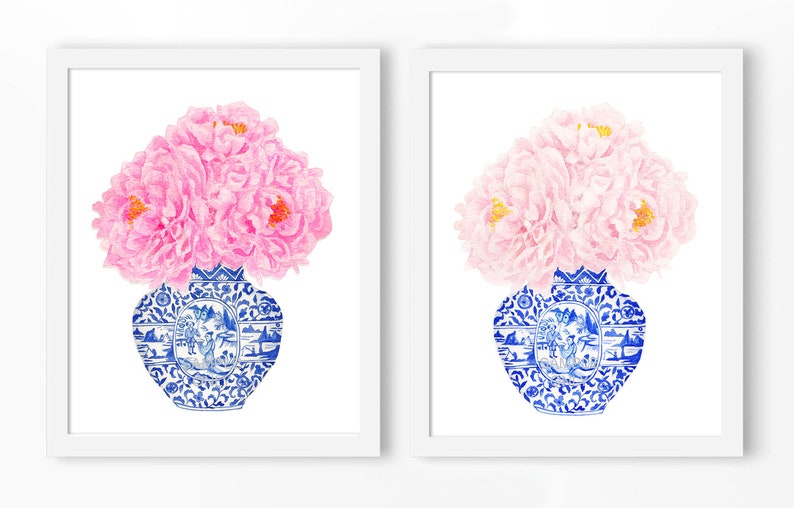 Blue and White China Vase DIGITAL FILE, chinoiserie print, pink peony wall art, pink peony print, trending now art, trending items, wall art image 1