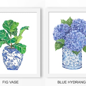 Blue & White China DIGITAL FILE: fig plant, chinoiserie art print, blue white ginger, hydrangea print, wall art, oriental art, blue willow