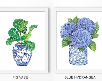Blue & White China DIGITAL FILE: fig plant, chinoiserie art print, blue white ginger, hydrangea print, wall art, oriental art, blue willow