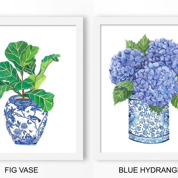 Blue & White China DIGITAL FILE: fig plant, chinoiserie art print, blue white ginger, hydrangea print, wall art, oriental art, blue willow