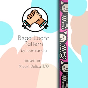 May include: A digital bead loom pattern by loomlandia, based on Miyuki Delica 11/0 beads. The design features a pink and black beaded pattern with a repeating skull motif. The image also includes a graphic of two hands shaking.