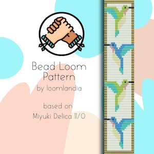 Puede incluir: Patrón de telar de cuentas para un brazalete de colibrí, con cuatro colibríes de diferentes colores. El patrón se basa en cuentas Miyuki Delica 11/0.