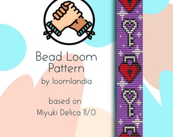 Patrón para pulsera de cuentas con diseño de corazones y llaves – Miyuki Delica 11/0 (Patrón en PDF)