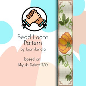 May include: A bead loom pattern for a pumpkin with vines, based on Miyuki Delica 11/0 beads. The pattern is shown on a white background with a hand-holding logo and the text "Bead Loom Pattern by loomlandia based on Miyuki Delica 11/0".