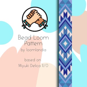 May include: A bead loom pattern for a bracelet featuring a geometric design in shades of blue, white, and purple. The pattern is based on Miyuki Delica 11/0 beads.