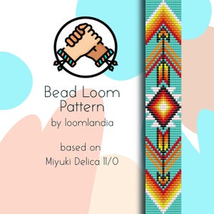 May include: Bead loom pattern for a bracelet with a turquoise background and orange, yellow, and white geometric designs. The pattern is based on Miyuki Delica 11/0 beads.