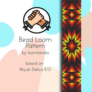 May include: Bead loom pattern for a bracelet with a geometric design featuring red, orange, yellow, and black beads. The pattern is based on Miyuki Delica 11/0 beads.