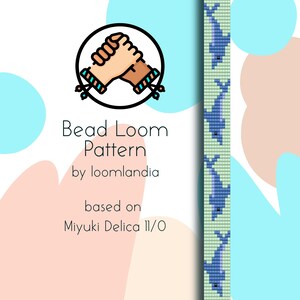 Könnte beinhalten: Perlenwebmuster für ein Armband mit einem sich wiederholenden Muster aus blauen Delfinen. Das Muster basiert auf Miyuki Delica 11/0 Perlen. Das Muster wurde von loomlandia entworfen.