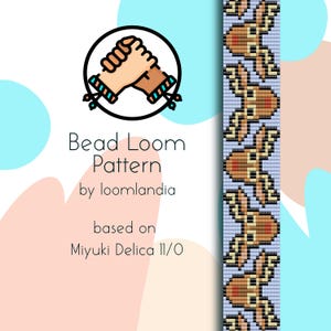May include: A digital bead loom pattern by loomlandia, based on Miyuki Delica 11/0 beads. The design features a repeating pattern of brown and tan deer-like figures on a light blue background. The image includes a logo of two clasped hands.