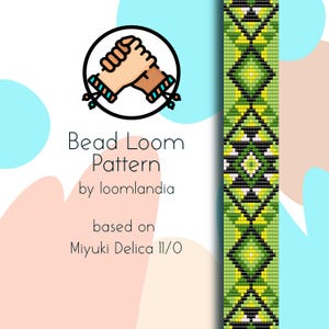 May include: Bead loom pattern for a bracelet with a green, yellow, and black geometric design. The pattern is based on Miyuki Delica 11/0 beads.