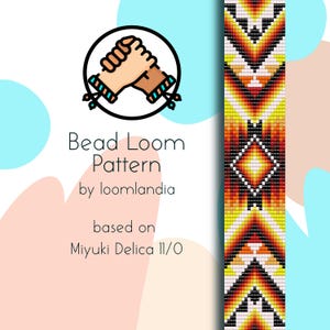 May include: Bead loom pattern for a colorful geometric bracelet, based on Miyuki Delica 11/0 beads. The pattern features a repeating design of triangles and diamonds in shades of orange, yellow, white, and black.