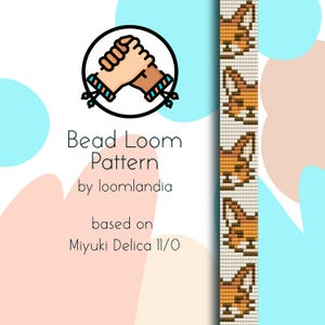 Puede incluir: Patrón de telar de cuentas para un brazalete de zorro, con una ilustración dibujada a mano de dos manos sosteniendo un brazalete de cuentas. El patrón se basa en cuentas Miyuki Delica 11/0.