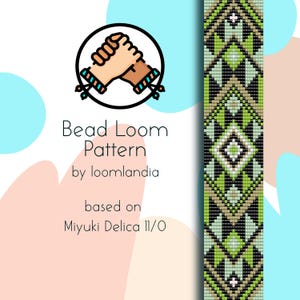 Könnte beinhalten: Ein Perlenwebmuster für ein Armband mit einem geometrischen Design in Schwarz, Grün, Weiß und Braun. Das Muster basiert auf Miyuki Delica 11/0 Perlen.