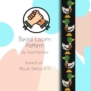 May include: A bead loom pattern featuring a design of a duck. The pattern is based on Miyuki Delica 11/0 beads. The pattern is called "Bead Loom Pattern by loomlandia".