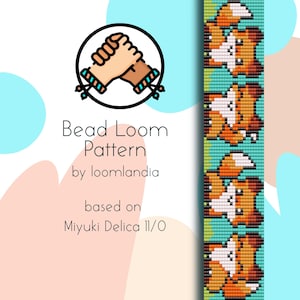Puede incluir: Un patrón de telar de cuentas con un diseño de zorro lindo. El patrón se basa en cuentas Miyuki Delica 11/0. El patrón es para un brazalete o collar.
