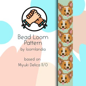 Könnte beinhalten: Ein Perlenwebmuster mit einem niedlichen Cartoon-Hund mit braunen, weißen und rosa Details. Das Muster basiert auf Miyuki Delica 11/0 Perlen.