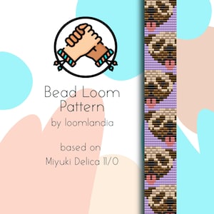 Può includere: Uno schema per telaio a perline per un braccialetto con un design di carlino dei cartoni animati. Lo schema è basato su perline Miyuki Delica 11/0. Lo schema è illustrato con un'immagine disegnata a mano di due mani che si tengono.
