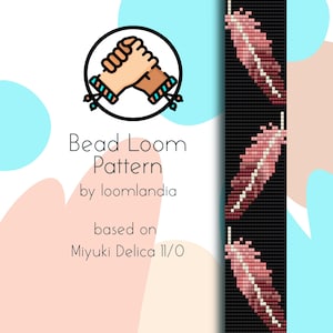 May include: Bead loom pattern for a pink feather design, based on Miyuki Delica 11/0 beads. The pattern is shown on a black background.
