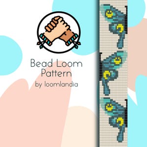 May include: A bead loom pattern for a bracelet featuring a butterfly design with blue, yellow, and white beads. The pattern is called "Bead Loom Pattern" by loomlandia.