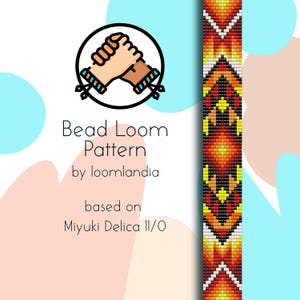 May include: Bead loom pattern for a bracelet with a geometric design in shades of orange, yellow, and white. The pattern is based on Miyuki Delica 11/0 beads.