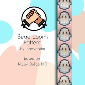 Könnte beinhalten: Ein Perlenwebmuster für ein Armband mit einer Reihe von niedlichen Geisterdesigns. Das Muster basiert auf Miyuki Delica 11/0 Perlen. Das Muster ist mit einer farbenfrohen Grafik von zwei sich schüttelnden Händen illustriert.