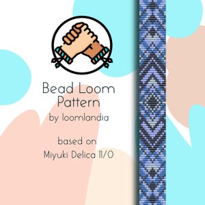 May include: A bead loom pattern for a bracelet with a geometric design in shades of blue, black, and white. The pattern is based on Miyuki Delica 11/0 beads. The image also includes a graphic of two hands holding each other, symbolizing friendship.