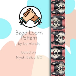 May include: A bead loom pattern for a bracelet featuring a repeating design of black and white dogs on a pink background. The pattern is based on Miyuki Delica 11/0 beads. The image also includes a logo with two hands shaking, a blue and white bracelet, and the text "Bead Loom Pattern by loomlandia based on Miyuki Delica 11/0".