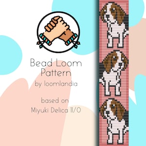Op de afbeelding: Een digitaal kralenweefpatroon van loomlandia, gebaseerd op Miyuki Delica 11/0 kralen. Het ontwerp toont gepixelde afbeeldingen van een hond met bruine en witte markeringen. Het patroon bevat een afbeelding van twee handen die elkaar schudden.