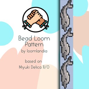 Op de afbeelding: Bead loom patroon voor een armband met een ontwerp van drie dolfijnen die in een rij zwemmen. Het patroon is gebaseerd op Miyuki Delica 11/0 kralen.