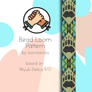 May include: A digital bead loom pattern by loomlandia, based on Miyuki Delica 11/0 beads. The design features a handshake icon and a patterned strip with black, green, and tan colors. The background has pastel colors.