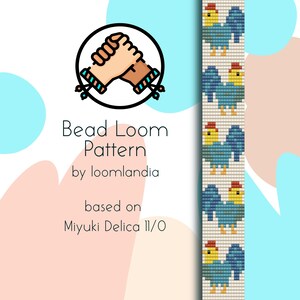 May include: Bead loom pattern for a rooster design, based on Miyuki Delica 11/0 beads. The pattern features a blue rooster with yellow accents and a white background.