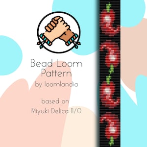 May include: Bead loom pattern for a red chili pepper bracelet, based on Miyuki Delica 11/0 beads. The pattern is shown on a black background with a white outline.