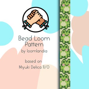 May include: A digital bead loom pattern by loomlandia, based on Miyuki Delica 11/0 beads. The design features a repeating pattern of green pixelated frogs. The image includes a graphic of two hands shaking and text.