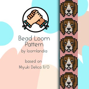 Op de afbeelding: Bead loom patroon voor een armband met een herhalend ontwerp van bruine en witte beagle honden op een roze achtergrond. Het patroon is gebaseerd op Miyuki Delica 11/0 kralen.