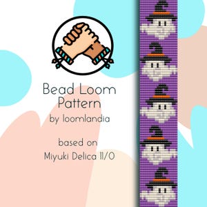 Könnte beinhalten: Ein Perlenwebmuster für ein Armband mit einem sich wiederholenden Muster von Geistern, die Hexenhüte tragen. Das Muster basiert auf Miyuki Delica 11/0 Perlen. Das Bild enthält auch ein Logo mit zwei ineinander verschlungenen Händen.