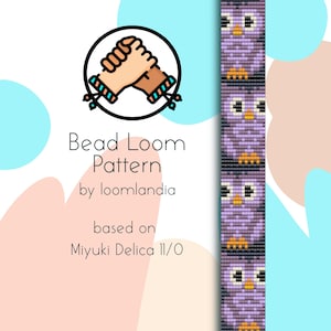 May include: Bead loom pattern for a purple owl with orange beak and eyes. The pattern is based on Miyuki Delica 11/0 beads.