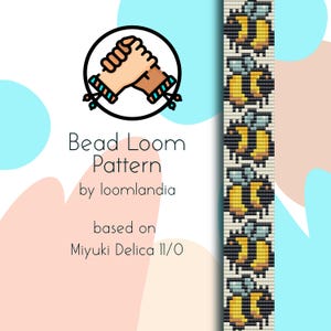 Könnte beinhalten: Perlenwebmuster für ein Armband mit einem sich wiederholenden Muster aus gelben und schwarzen Bienen. Das Muster basiert auf Miyuki Delica 11/0 Perlen. Das Bild zeigt auch eine Grafik von zwei sich schüttelnden Händen, die Freundschaft symbolisieren.