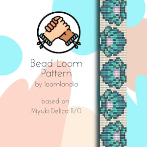 May include: Bead loom pattern for a bracelet with a floral design. The pattern is based on Miyuki Delica 11/0 beads.