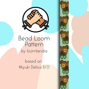 May include: Bead loom pattern for a bracelet featuring a design of two hands holding each other. The pattern is based on Miyuki Delica 11/0 beads. The bracelet is made with brown, green, and yellow beads.