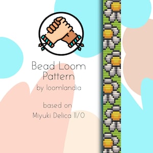 Op de afbeelding: Bead loom patroon voor een vriendschapsarmband met een ontwerp van witte madeliefjes met gele centra op een groene achtergrond. Het patroon is gebaseerd op Miyuki Delica 11/0 kralen.