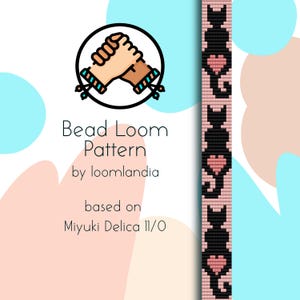 Könnte beinhalten: Perlenwebmuster für ein Armband mit einem sich wiederholenden Muster aus schwarzen Katzen mit rosa Herzen. Das Muster basiert auf Miyuki Delica 11/0 Perlen.