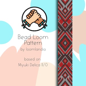 Könnte beinhalten: Perlenwebmuster für ein Armband mit einem geometrischen Design in Rot, Weiß und Schwarz. Das Muster basiert auf Miyuki Delica 11/0 Perlen.