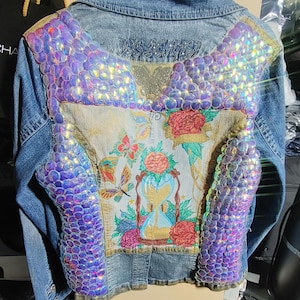 Custom handpainted jacket. Jeans jacket. Custom Handpainted clothing. Painted denim. Hand-embroidered dragon scales. Custom art.