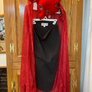 May include: A red devil mask with horns and a matching red sequined cape hang above a black skirt. The skirt is labeled "MICHAEL KORS". The costume is displayed on a wooden door.