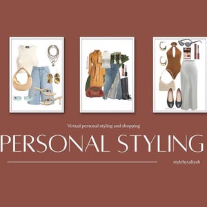 Puede incluir: Tres ideas de atuendos diferentes para mujeres, cada una mostrada sobre un fondo blanco. El primer atuendo presenta un top corto blanco, jeans azules, un bolso marrón y joyas doradas. El segundo atuendo presenta una chaqueta marrón, un top corto blanco, jeans azules, un bolso marrón y botas negras. El tercer atuendo presenta un top halter marrón, una falda gris, un bolso marrón y zapatos negros. El texto "Virtual personal styling and shopping" y "PERSONAL STYLING" se muestra debajo de las imágenes. El texto "stylebytalliyah" se muestra debajo del texto "PERSONAL STYLING".