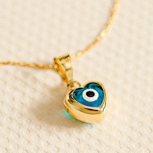Grandma Gold Evil Eye Necklace, Evil Eye Jewelry for mother, Protection Luck Necklace,Clear Blue Eye Necklace, Puffy Heart Mystical Necklace
